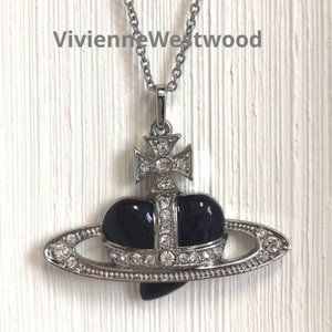 Vivienne Westwood Necklace Black Heart Saturn Pendant 4cm×5.2cm